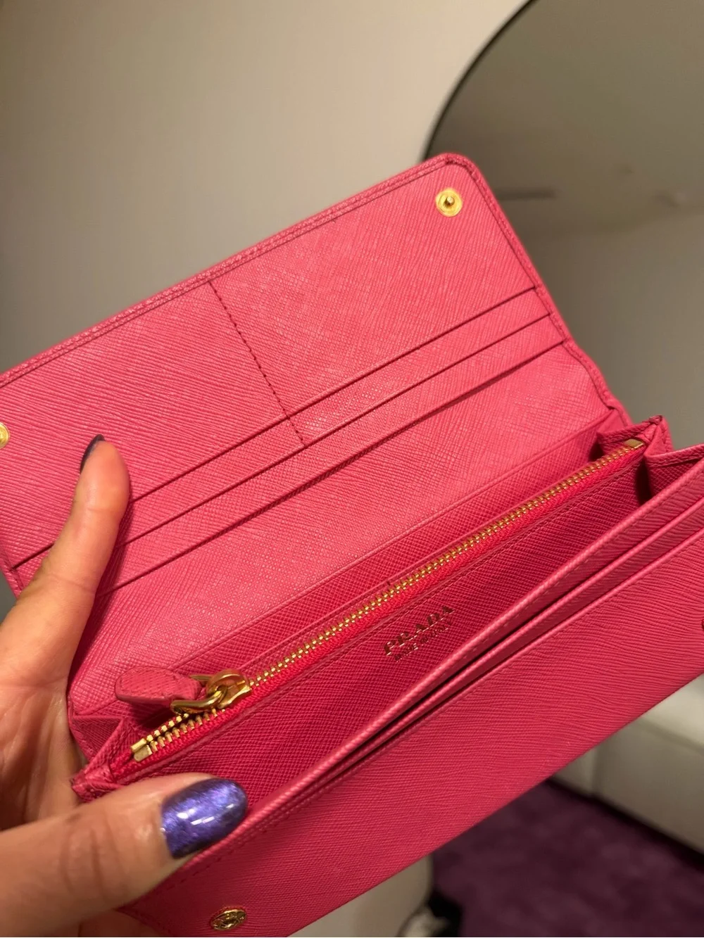 Prada Pink Saffiano Leather Continental Long Wallet Gold Logo Bifold